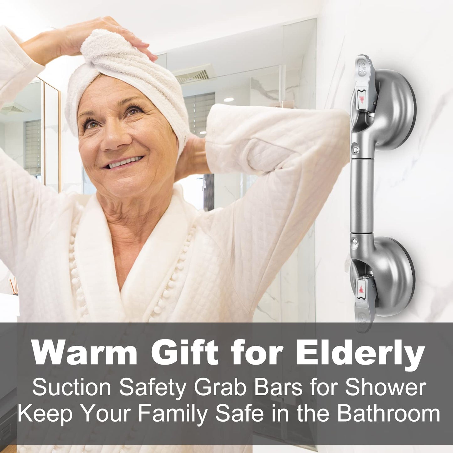 15-Inch Shower Handle - Upgraded Grab Bar with Strong Suction Cups for Bathtub & Shower Safety, Ideal for Seniors, Elderly, Disabled -Silver