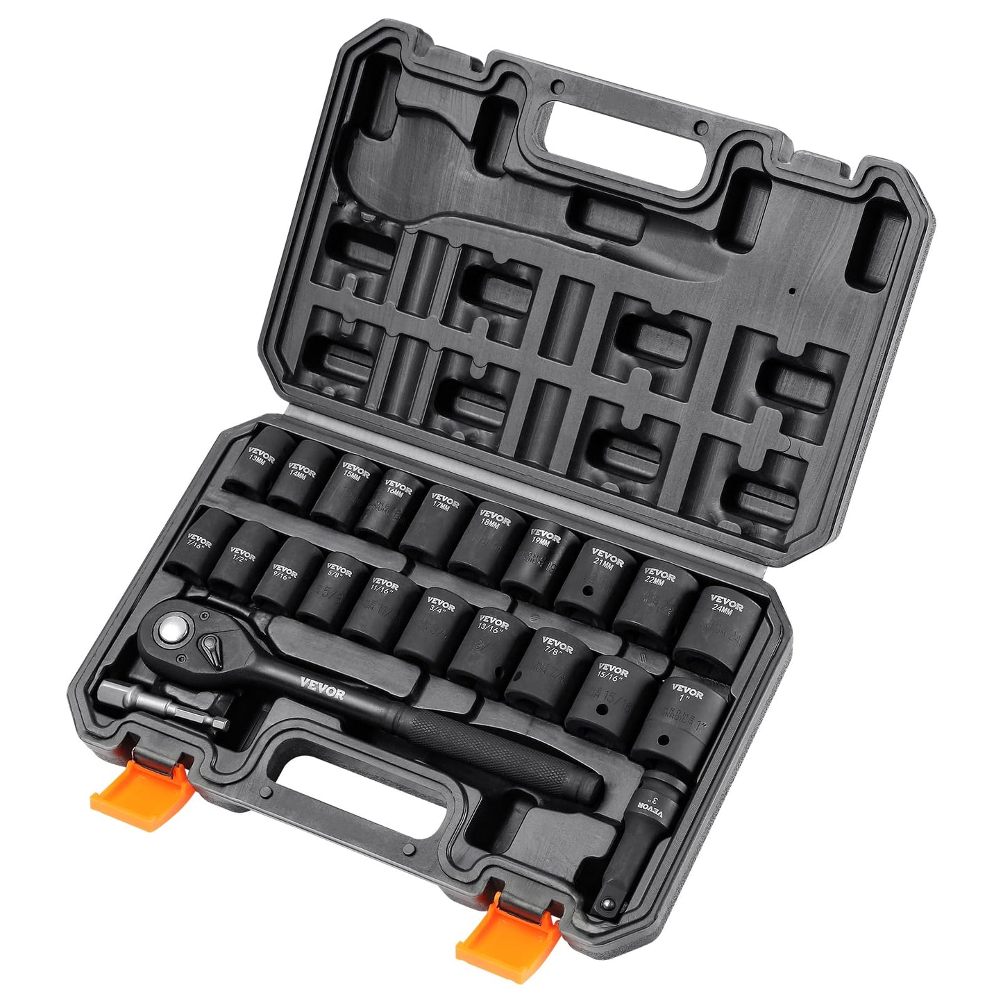 VEVOR 91-Piece 1/2" Drive Impact Socket Set, SAE (5/16" to 1-1/4") & Metric (8 to 32 mm), CR-V, Deep & Shallow, 6 Point, Ratchet Handle, Universal Joint, Adapters, Extension Bars (3, 5, 10 in)