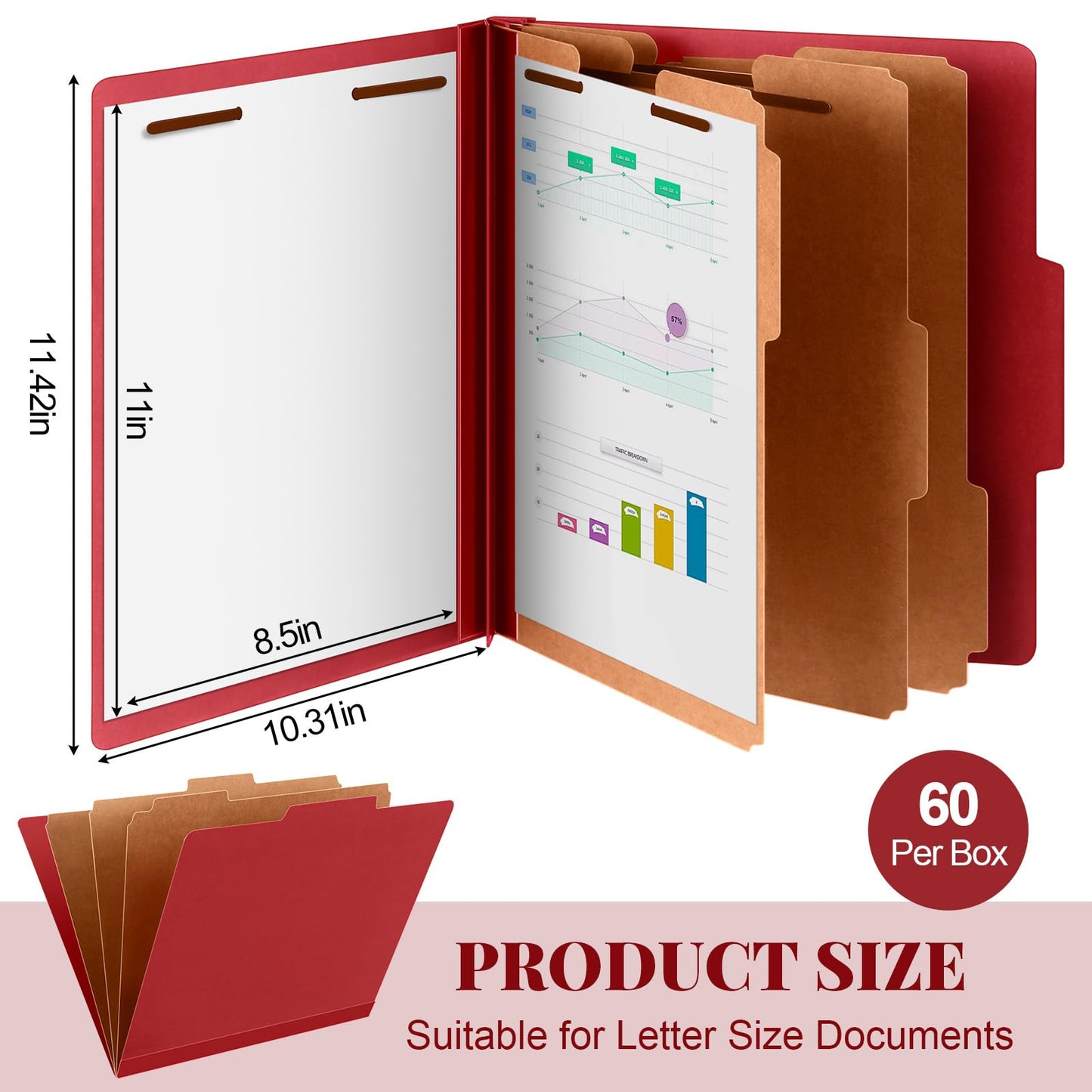 Skyygemm 60 Pcs Classification Folders Letter Size, 3 Divider Pressboard File Folder with Fasteners, Expanding File Organizer Bulk for Documents, Projects, Reports, School Teacher, Office (Orange)