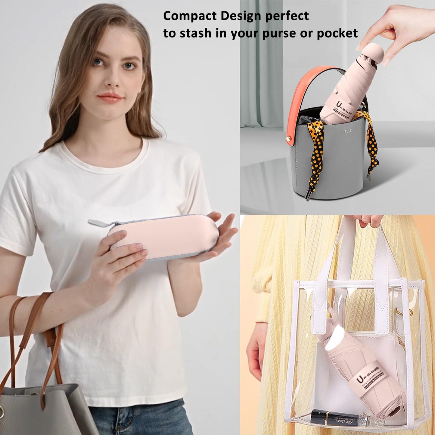 BAODINI Reiseutensilien Mini-Regenschirm für die Handtasche mit Etui Klein Kompakt UV-Sonnenschutz Leicht Winzig Tasche Manuelles Öffnen und Schließen Regenschirm für Damen, Kinder und Herren Passt in Handtasche Rucksack