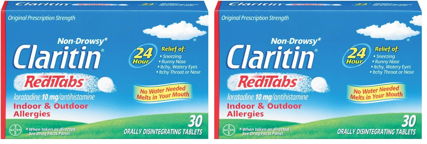 Claritin RediTabs 24 Hour Allergy Medicine, Non-Drowsy Prescription Strength Allergy Relief, Loratadine Antihistamine Tablets, 30 Count (Pack of 2)