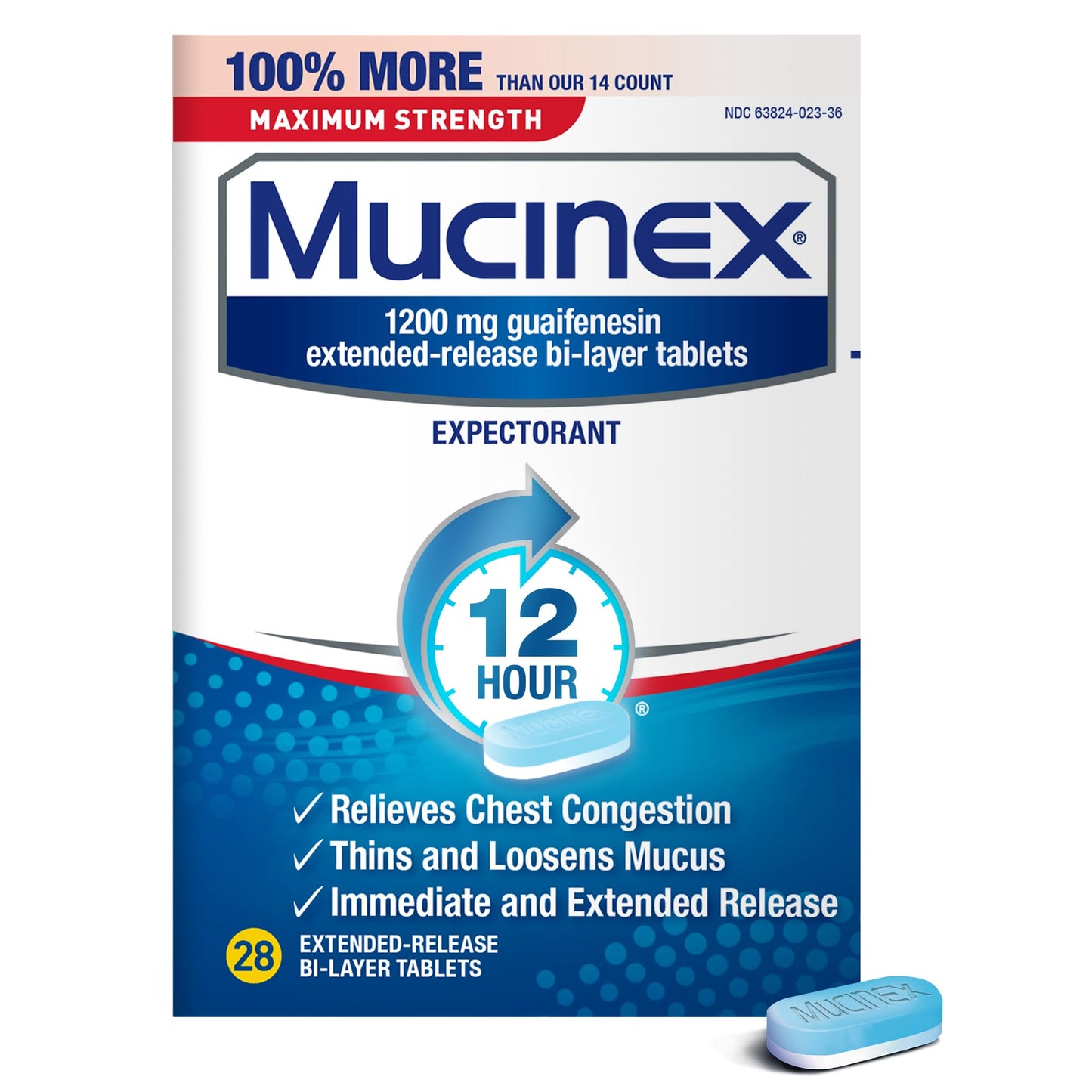 Mucinex Maximum Strength 12 Hour Chest Congestion Expectorant Relief Tablets, 1200 mg, 28 Count, Thins & Loosens Mucus (Pack of 3)