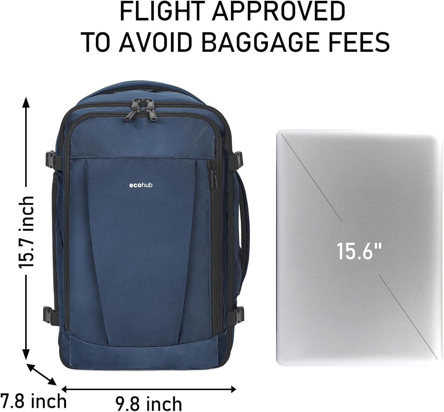 ECOHUB 16'' Reise-Rucksack Handgepäck Unterseat-Rucksack Persönlicher Gegenstand Flugzeug-Reisetasche mit 13 Taschen Handgepäck Flaschenhalter USB-Ladeanschluss Casual Daypack für Frauen Männer Schwarz