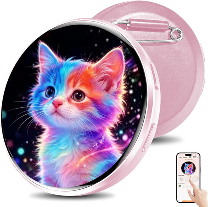 HD Touchscreen Digital Badge Pin – Smart Anime E-Badge for Backpacks with Video & GIF Display, Lightweight Pixel Name Tag, Rechargeable Electronic Button for Cosplay, Conventions & Unique Gifts