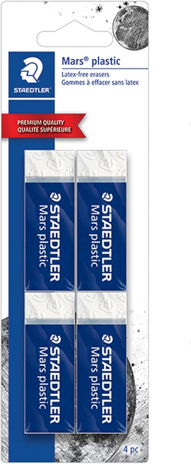 STAEDTLER Mars Plastic Radiergummi (4 Stück), weiße Radierer für saubere und präzise Ergebnisse – latexfrei, geringe Krümelbildung, hergestellt in Deutschland