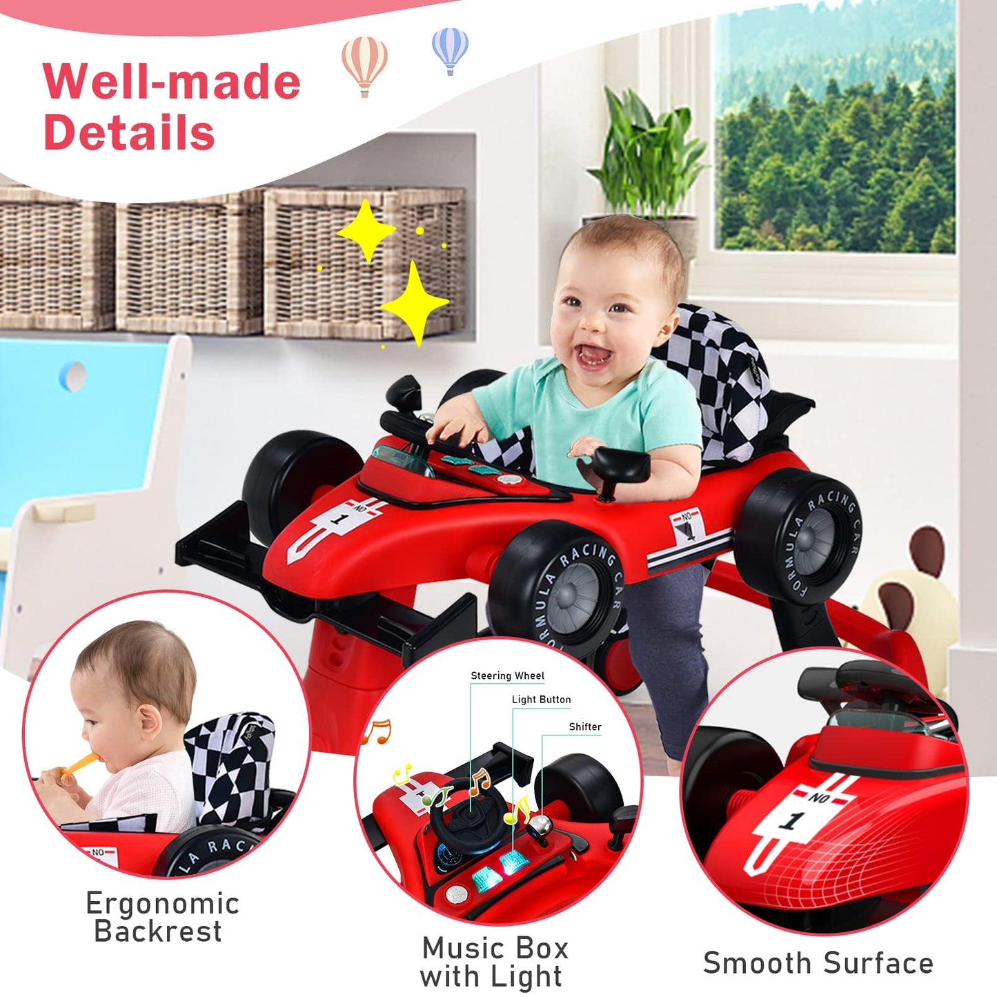 BABY JOY 4-in-1 Baby Walker, Foldable Activity Walker with Adjustable Height & Speed, Music, Lights, Anti-Rollover, Toddler Push Walker, Baby Walker with Wheels for Boys Girls 6-18 Months (Pink)