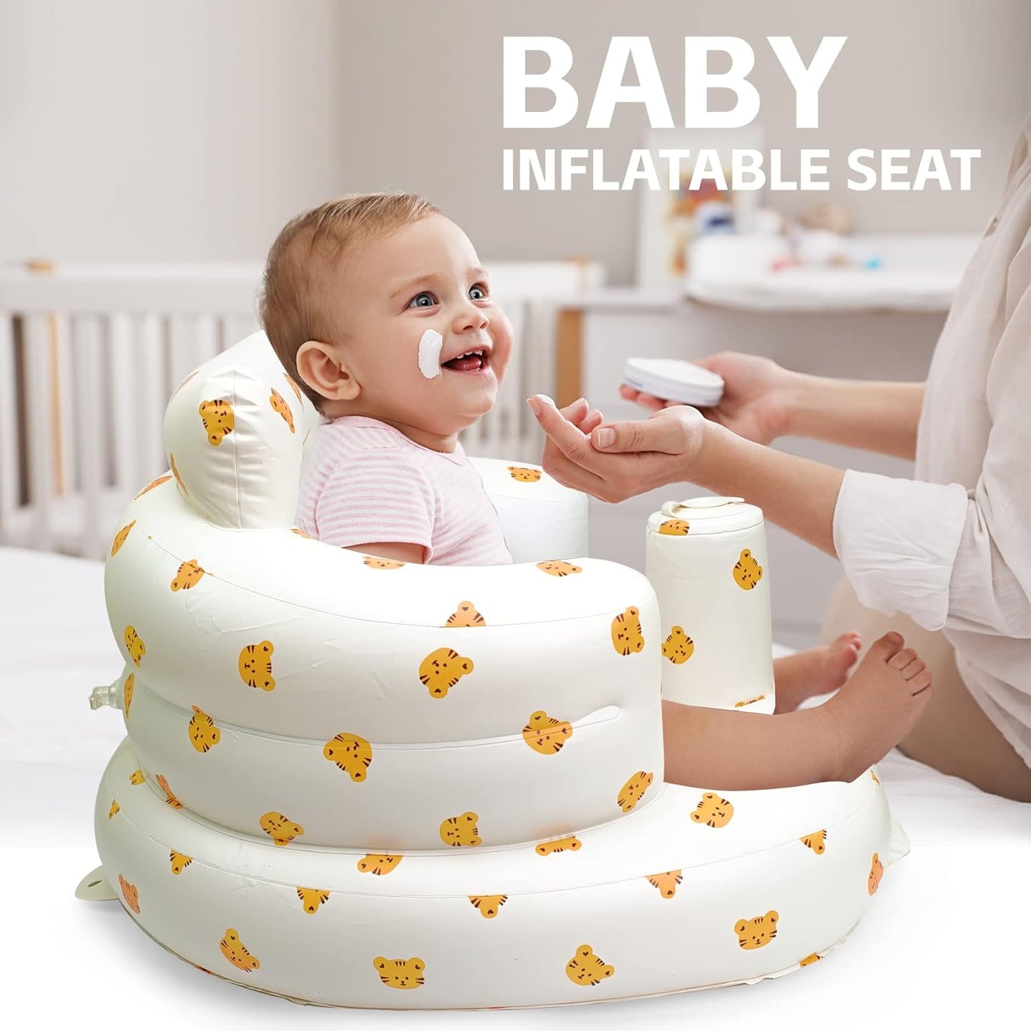 Aufblasbarer Babysitz, aufblasbarer Babystuhl für Babys ab 3 Monaten, aufblasbarer Sommerstuhl mit integrierter Luftpumpe, Baby-Bodensitz zum Sitzenlernen, Spielen, Campen, Orange