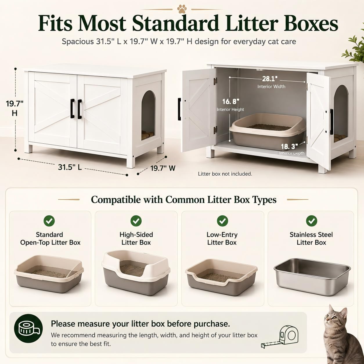 Homhedy Cat Litter Box Enclosure, Wooden Cat Washroom Furniture with Barn Door, Pet House, Fit Most of Litter Box, White