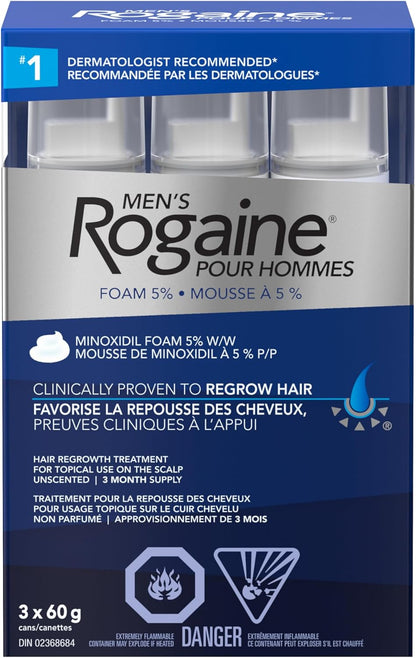 Rogaine Men's Hair Regrowth Treatment with 5% Minoxidil Foam - Clinically Tested for Male Pattern Baldness - 3-Month Supply, Quick-Dry Formula, 3x 60g Canisters