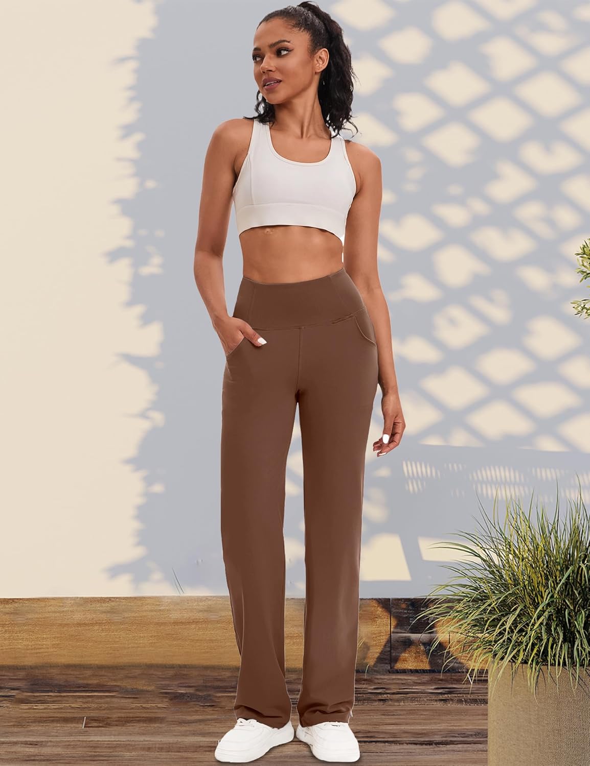 VOOVEEYA Yogahosen für Damen mit Taschen, gerade geschnittene Hose mit weitem Bein, hochtaillierte Business-Hose, petite/regulär//lang