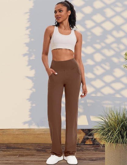 VOOVEEYA Yogahosen für Damen mit Taschen, gerade geschnittene Hose mit weitem Bein, hochtaillierte Business-Hose, petite/regulär//lang
