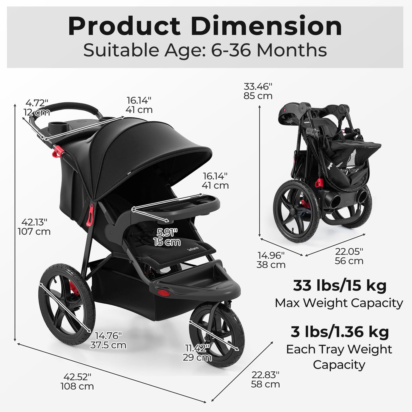 INFANS Jogging Stroller, Foldable Jogger with Air-Filled Tires Shock Absorbing Suspension Adjustable Backrest, Baby Running Strollers