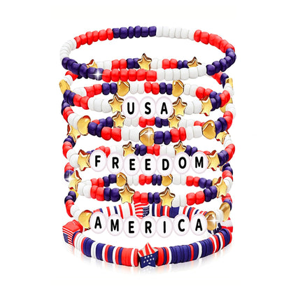 250 Anniversary USA Merchandise 4th of July Outfits for Women Men Teens Red White Blue Clay Beaded Stretch Bracelets USA Patriotic Jewelry 4th of July Accessories