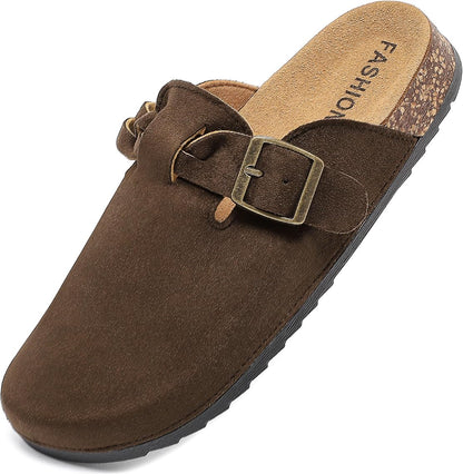 Women's Suede Clogs Mens Leather Mules Comfort Cork Footbed Sandals with Arch Support and Adjustable Buckle