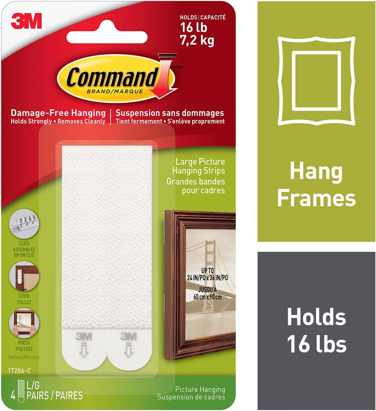Command Large Picture Hanging Strips, Damage Free Hanging Picture Hangers, Wall Adhesives for Wall Decor, 12 White Adhesive Pairs (24 Command Strips)