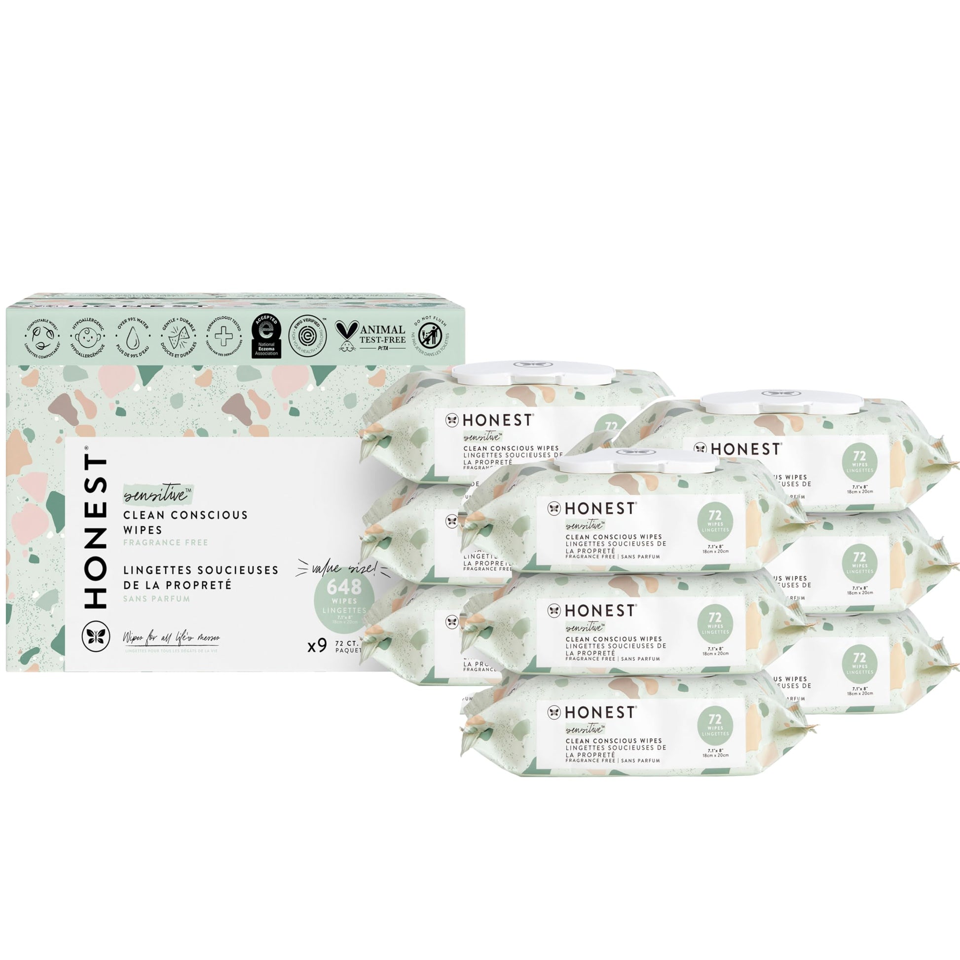 The Honest Company Clean Conscious Unscented Wipes | Over 99% Water, Compostable, Plant-Based, Baby Wipes | Hypoallergenic for Sensitive Skin, EWG Verified | Pattern Play, 576 Count