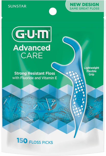 GUM Advanced Care Flosser Picks, angereichert mit Vitamin E & Fluorid, frischer Minzgeschmack, blau, 150 Flosser (1 Beutel)