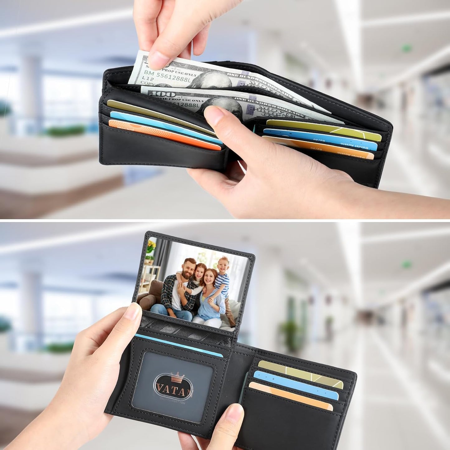 VATAN Herren Slim Wallet RFID Schutz Leder Kreditkartenetui für 15 Karten, Bifold Minimalistisches Dünnes Portemonnaie mit 2 Ausweisfenstern und Geldscheinfach, mit Geschenkbox (Carbon Fiber Schwarz)