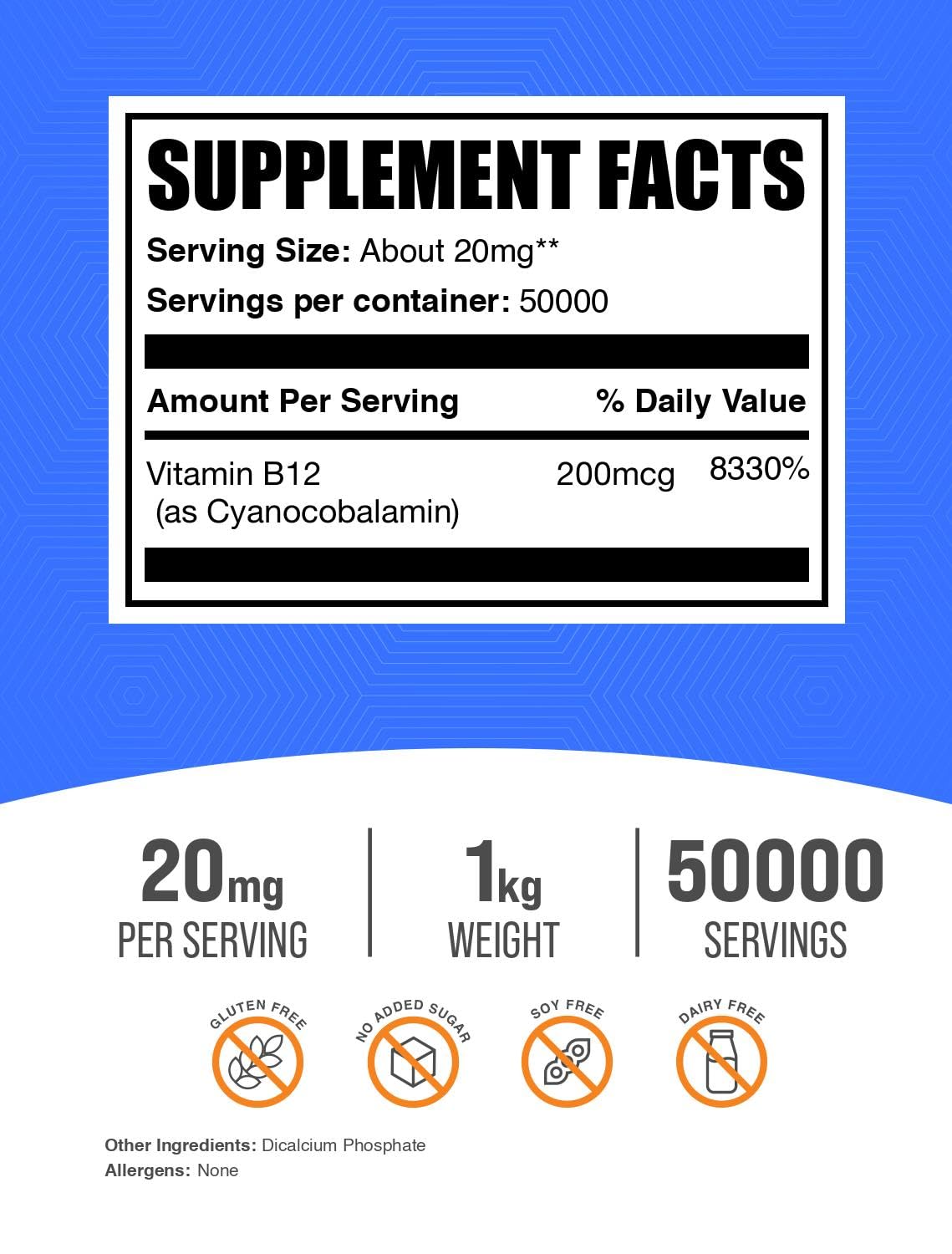 BulkSupplements.com Vitamin B12 Powder - as Cyanocobalamin, Vitamin B Supplement, Essential Vitamin - Gluten Free, 20mg per Serving, 5kg (11 lbs) (Pack of 5)