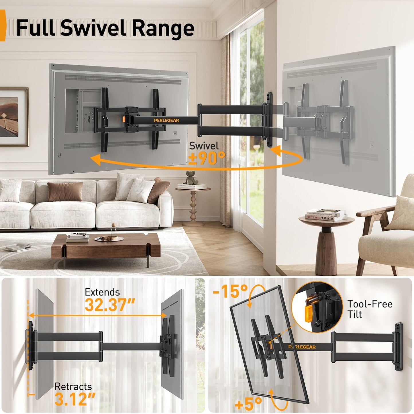 Perlegear Corner TV Wall Mount Long Arm TV Mount Bracket for 37-75 Inch TVs-Full Motion Wall Mount with 32.37” Extension & Swivel Articulating Arm & Tilt, MAX VESA 600x400mm, Holds up to 100 lbs