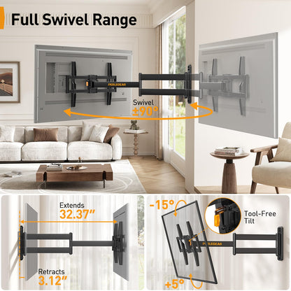 Perlegear Corner TV Wall Mount Long Arm TV Mount Bracket for 37-75 Inch TVs-Full Motion Wall Mount with 32.37” Extension & Swivel Articulating Arm & Tilt, MAX VESA 600x400mm, Holds up to 100 lbs