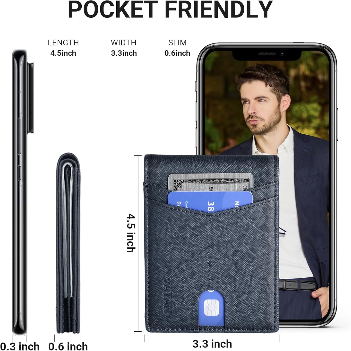 VATAN Herren Slim Wallet RFID Schutz Leder Kreditkartenetui für 15 Karten, Bifold Minimalistisches Dünnes Portemonnaie mit 2 Ausweisfenstern und Geldscheinfach, mit Geschenkbox (Carbon Fiber Schwarz)