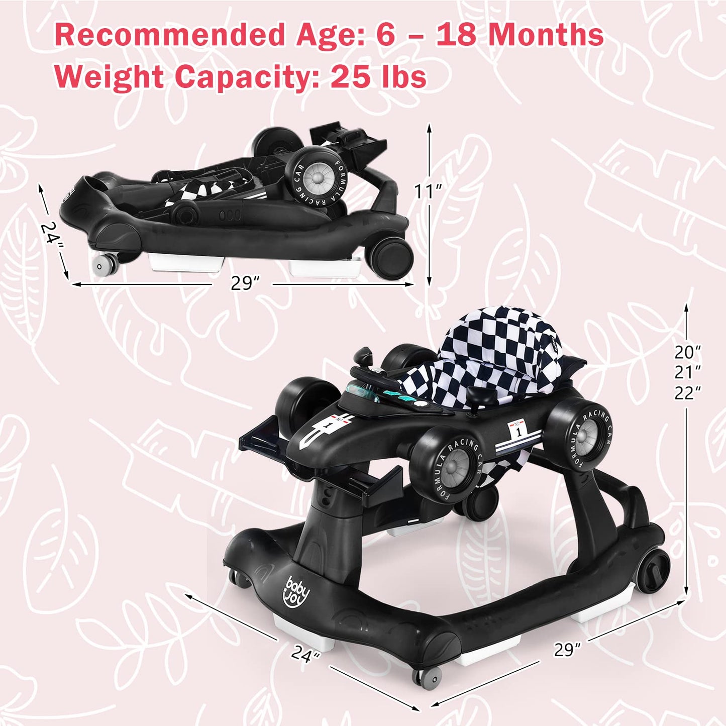BABY JOY 4-in-1 Baby Walker, Foldable Activity Walker with Adjustable Height & Speed, Music, Lights, Anti-Rollover, Toddler Push Walker, Baby Walker with Wheels for Boys Girls 6-18 Months (Pink)