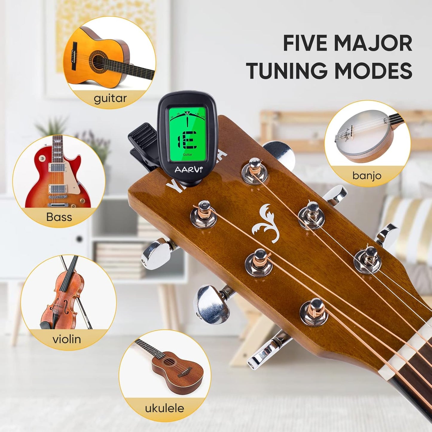 AARVI Clip-On Gitarrenstimmgerät für alle Instrumente, Akustik-/E-Gitarre, Ukulele, Bass, Violine, Banjo, großes, klares LCD-Display zum Stimmen der Gitarre, chromatisches Stimmgerät, 4 Gitarrenplektren inklusive