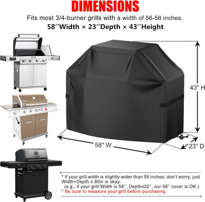 Grillabdeckung, 58 Zoll BBQ Gasgrill Abdeckung für Outdoor-Grills, Wasserdicht, UV-Schutz, Reißfest, Farbecht, Grillabdeckung mit Klettverschlussgurten und verstellbarem Saumzugband, Schwarz