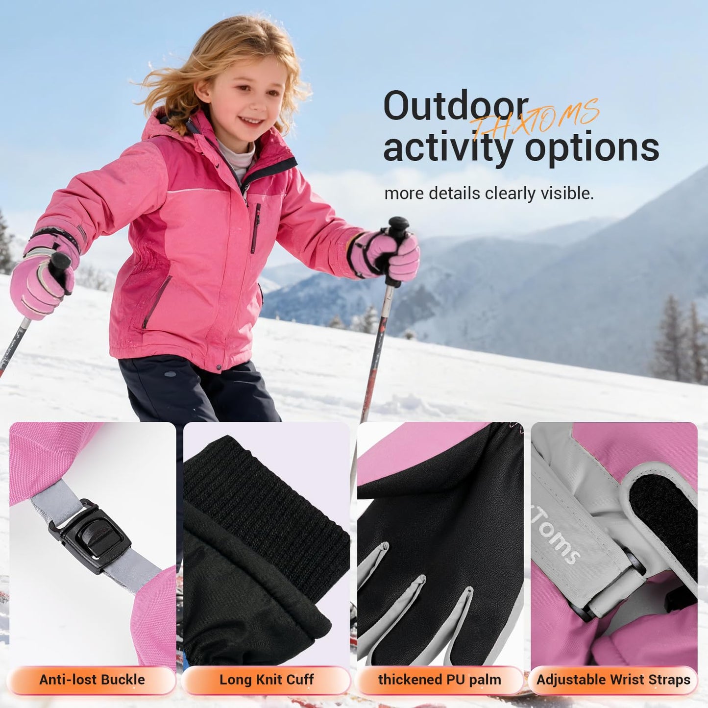 ThxToms Kinder Winterhandschuhe Wasserdichte Ski-Snowboardhandschuhe für Outdoor-Sportarten, Jungen und Mädchen Kaltwetter-Fahrradhandschuhe
