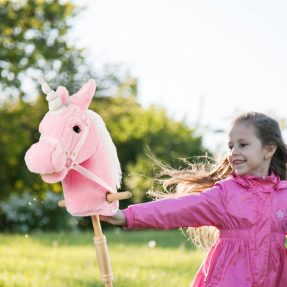 HollyHOME Plüsch Einhorn Steckenpferd mit Holzrädern Echten Pony Wiehern und Galoppieren Geräuschen Plüschtier Rosa 94 cm (AA Batterien Benötigt)