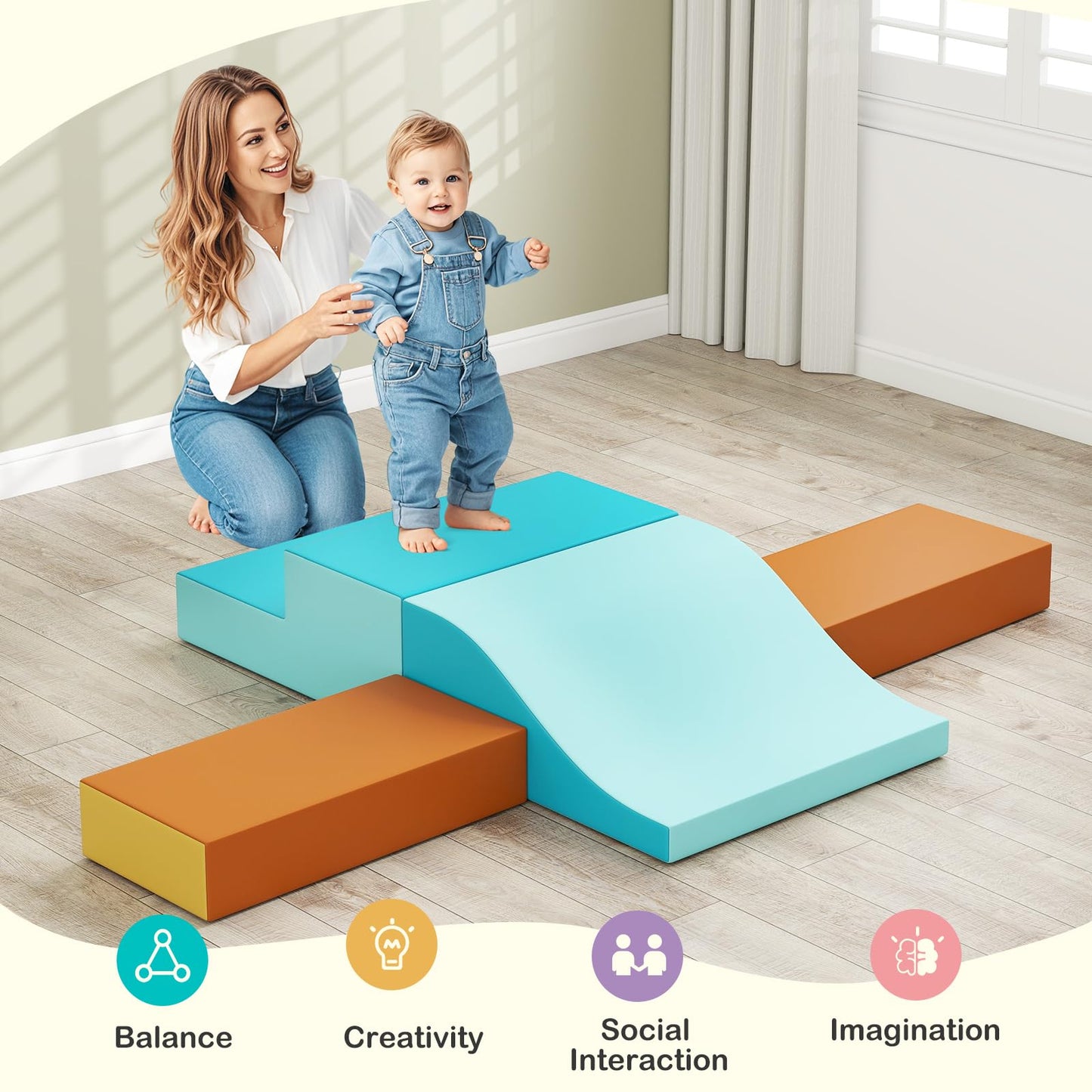 Olakids Toddler Climbing Toys Indoor, 10 Pieces Baby Foam Blocks Soft Play Set with PU Leather, Kids Climb Crawling Activity Gym Playground for 1+ Years (Brown)