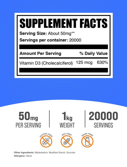 BulkSupplements.com Vitamin D3 Powder - Cholecalciferol, Vitamin D Supplements, Vitamin D3 5000 IU - Gluten Free, 50mg (125mcg of Vitamin D3) per Serving, 5kg (11 lbs) (Pack of 5)