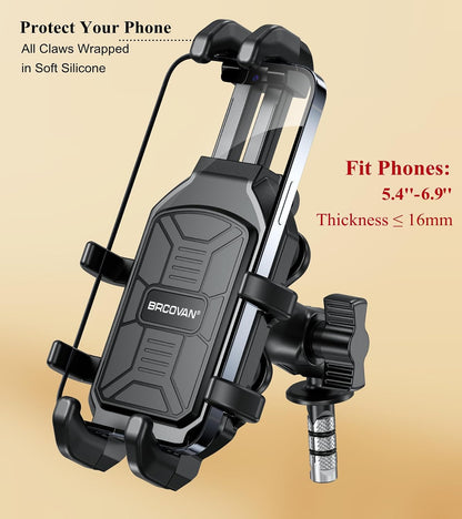 BRCOVAN Motorcycle Fork Stem Phone Mount with Vibration Dampener | Heavy Duty Cellphone Holder Fit Stem Tubes 12mm-25.4mm in Diameter, Adjustable for 5.4 - 6.9'' Smartphone