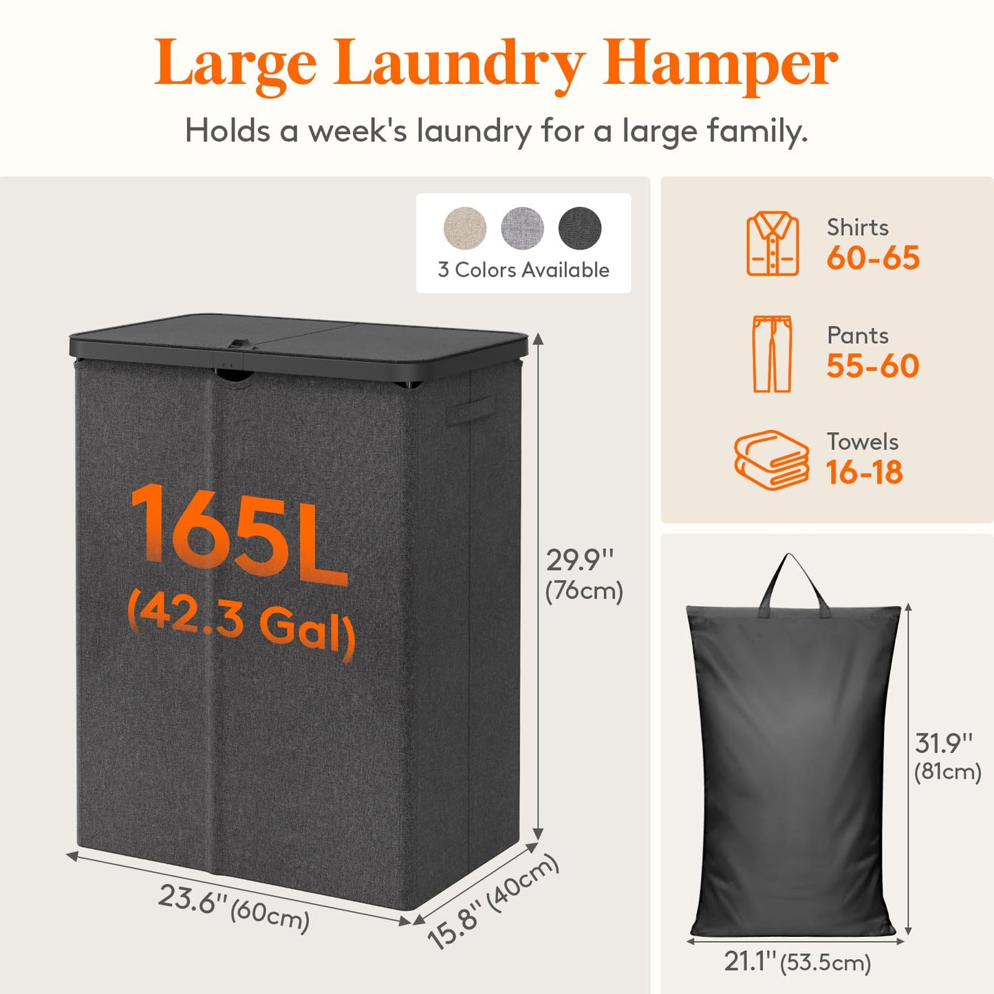 Lifewit 105L Large Laundry Basket with Lid, Laundry Hamper with Plastic Handles and Removable Bag, Foldable Tall Dirty Clothes Hampers for Laundry for Laundry Room, Bedroom, Bathroom, Dorm, Beige