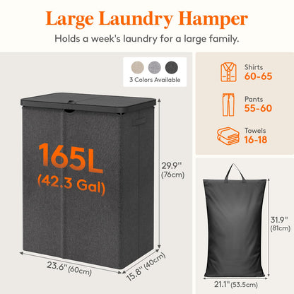 Lifewit 105L Large Laundry Basket with Lid, Laundry Hamper with Plastic Handles and Removable Bag, Foldable Tall Dirty Clothes Hampers for Laundry for Laundry Room, Bedroom, Bathroom, Dorm, Beige