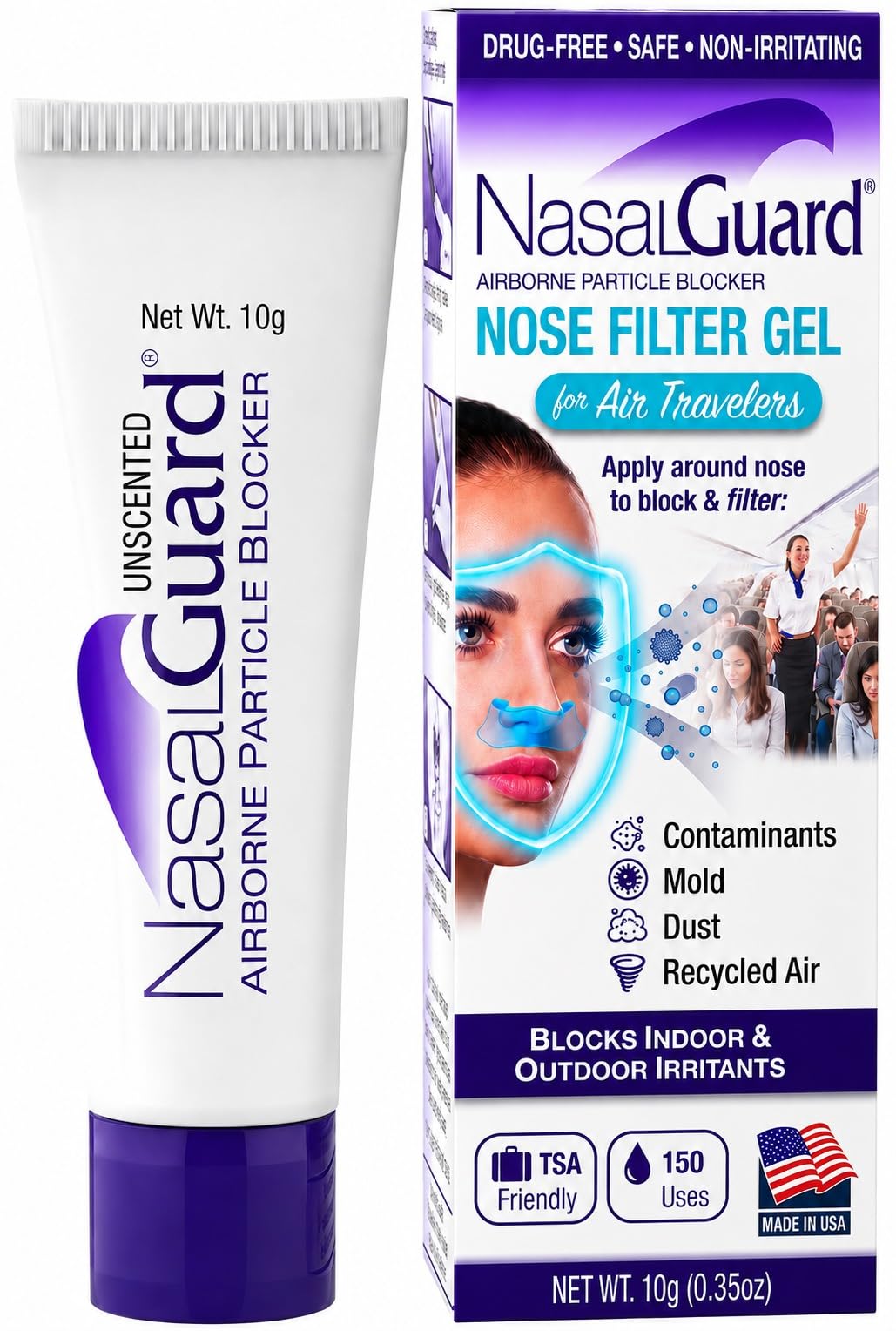 for Air Travelers | Cabin Air Protection Gel | Helps Block Dust, Mold & Airborne Contaminants | Drug-Free, Applied Around Nose | TSA Friendly | 150+ Uses (Unscented, 10g, Pack of 6)