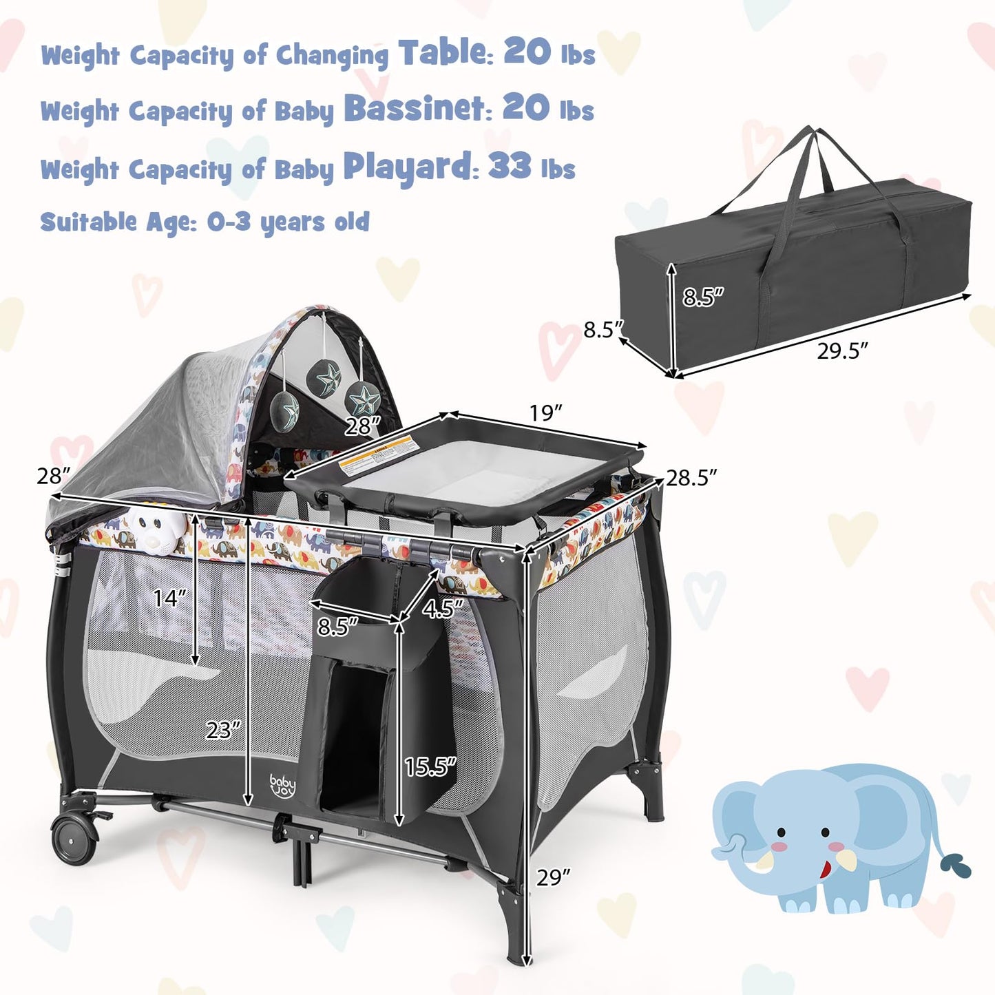 BABY JOY 4 in 1 Pack and Play with Canopy, Portable Baby Playard with Bassinet, Double-Layer Baby Crib, Wheels & Brake, Foldable Baby Girl Pink Bassinet from Newborn to Toddler