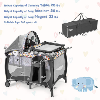 BABY JOY 4 in 1 Pack and Play with Canopy, Portable Baby Playard with Bassinet, Double-Layer Baby Crib, Wheels & Brake, Foldable Baby Girl Pink Bassinet from Newborn to Toddler