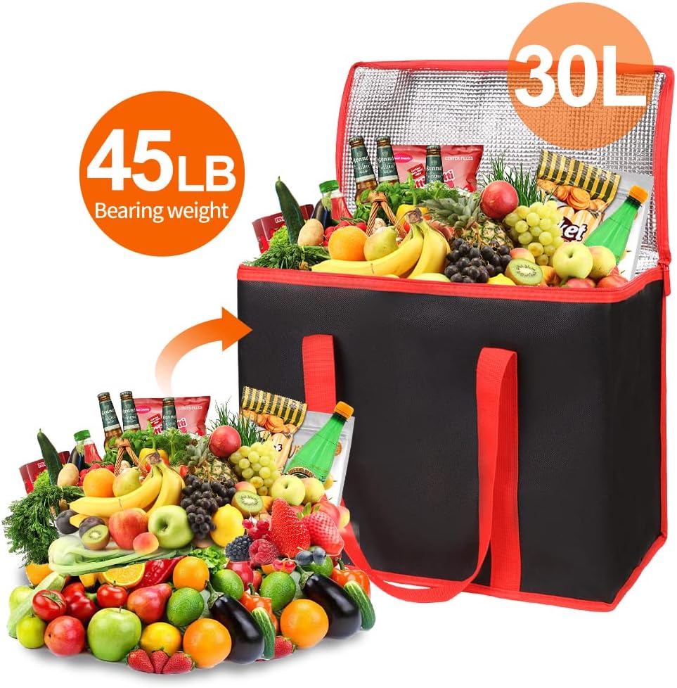 Bodaon Isolierte Essensliefertasche - Warm- & Kalthaltetransporttasche, Catering/Doordash Pizzawärmer, Einkaufstasche, Kühltasche für Partys (Schwarz-Rot, 1 St.), Ideal für den Transport warmer Speisen