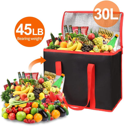 Bodaon Isolierte Essensliefertasche - Warm- & Kalthaltetransporttasche, Catering/Doordash Pizzawärmer, Einkaufstasche, Kühltasche für Partys (Schwarz-Rot, 1 St.), Ideal für den Transport warmer Speisen