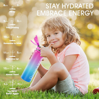 Sahara Sailor Trinkflasche, 950ml Motivations-Sportflasche mit Zeitmarkierung – Trinkzeiten – Tritan, BPA-frei, weite Öffnung auslaufsicher, Fast-Flow-Technologie mit Reinigungsbürste (1 Flasche)