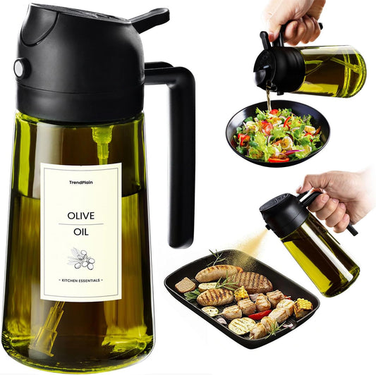 TrendPlain 470ml Olive Oil Dispenser Bottle for Kitchen Gadgets - 2 in 1 Dispenser and Sprayer - Olive Oil Spray Bottle w/Stickers (Light Blockage) - BPA Free - Black