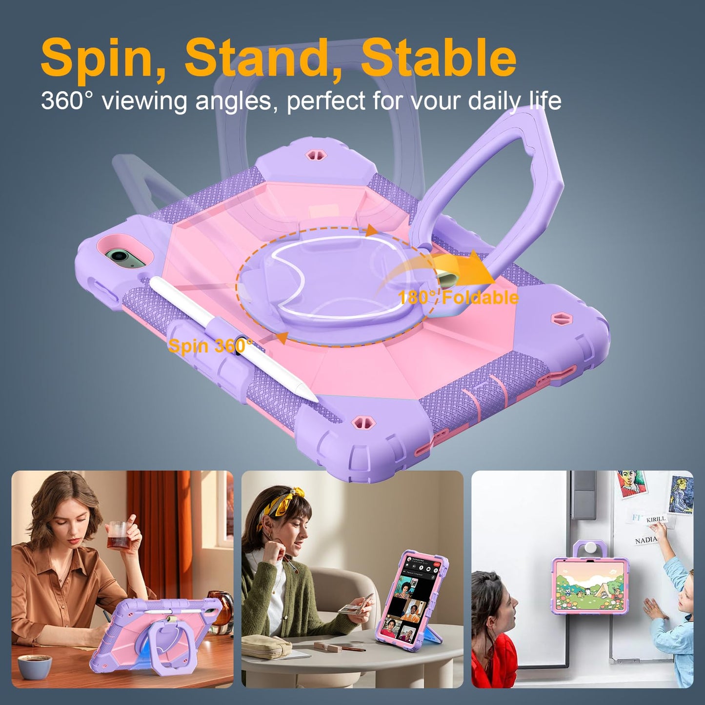 Case for iPad A16 11th Generation 11 Inch 2025, Auorld for iPad 10th Generation 10.9 inch 2022 case with Screen Protector, 360 Degree Rotating Stand Shoulder Strap Pencil Holder, Navy Pink