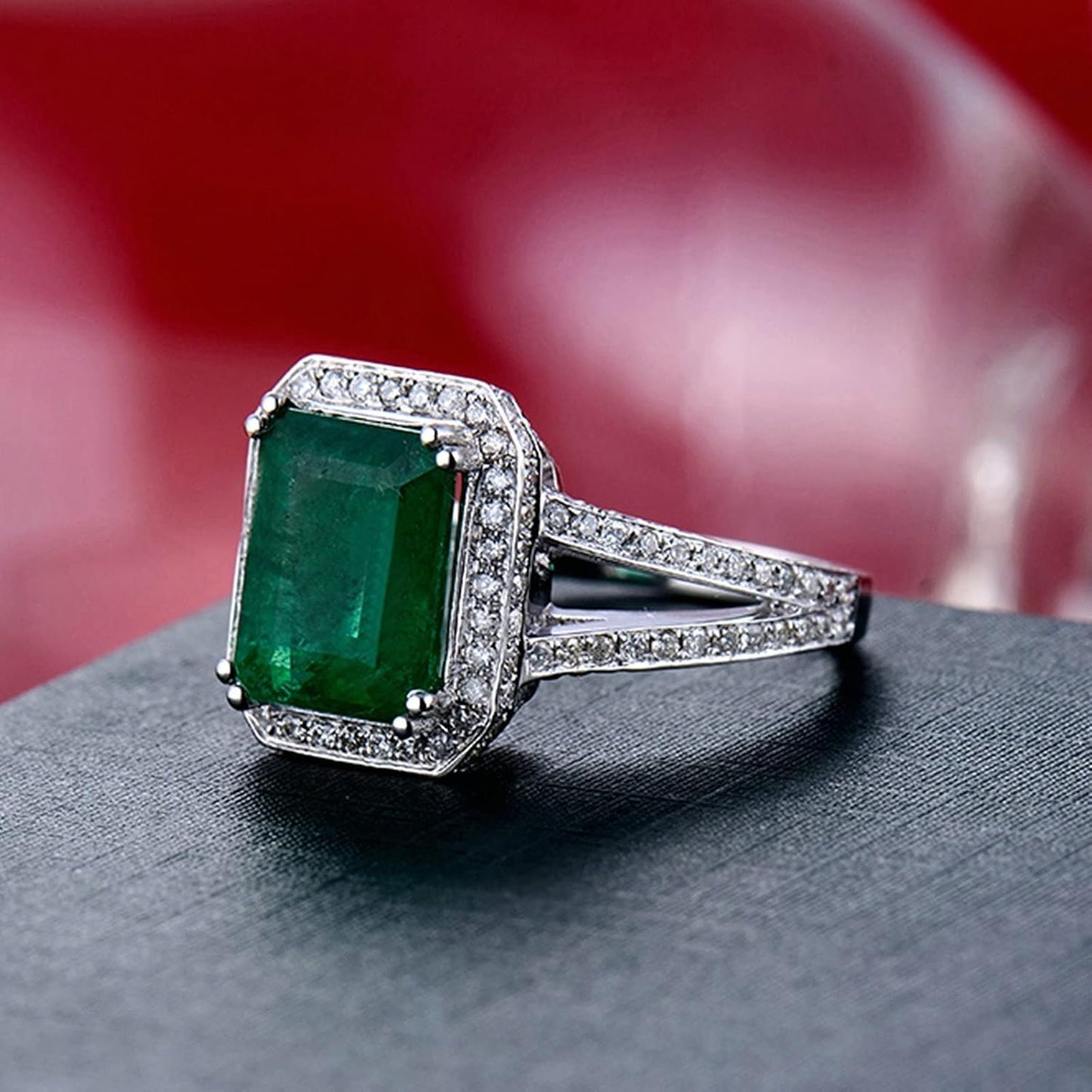 18K White Gold Ring Unisex 2.5ct Emerald Shape Emerald with 0.94ct Diamond Anniversary Ring for Girls