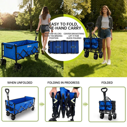 Extra Long Collapsible Wagon Cart, 480LBS Heavy Duty Utility Wagons with All-Terrain Wheels, Foldable Grocery Carts for Gardening, Shopping, Beach, Camping, Black