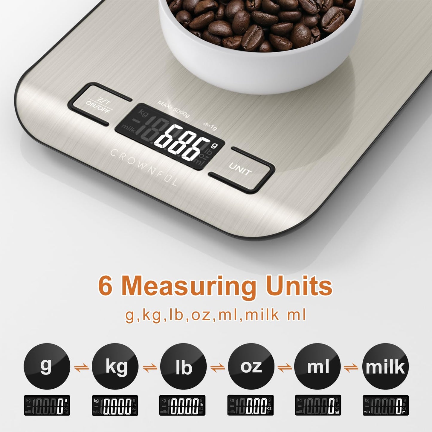 CROWNFUL Küchenwaage, 11lb/5kg Digitale Küchenwaage für Kochen und Backen, 6 Maßeinheiten mit Tara-Funktion (Batterie enthalten)