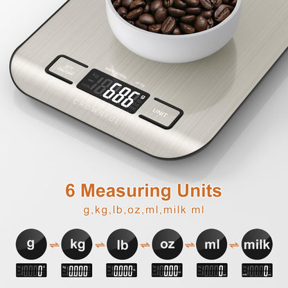 CROWNFUL Küchenwaage, 11lb/5kg Digitale Küchenwaage für Kochen und Backen, 6 Maßeinheiten mit Tara-Funktion (Batterie enthalten)