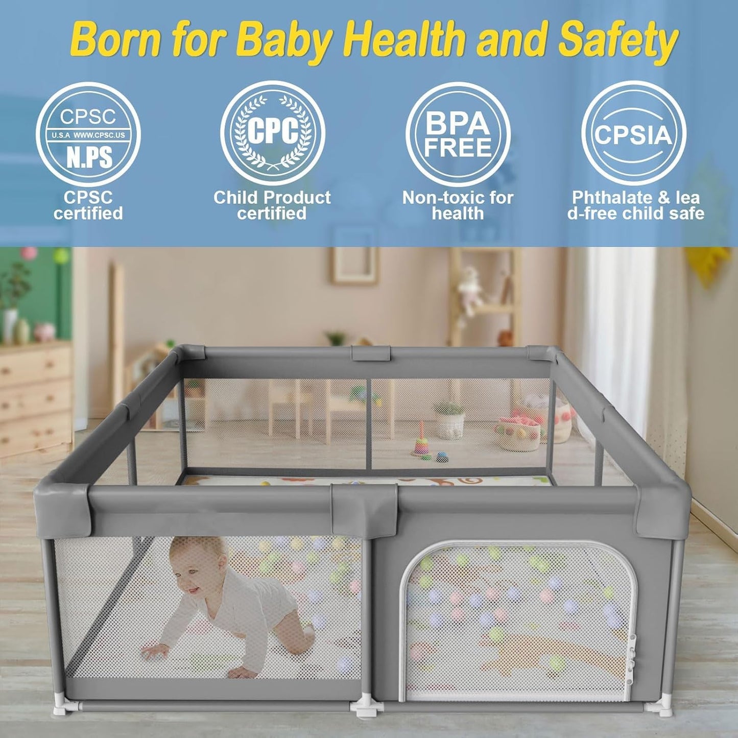 Palopalo Baby Laufgitter, 180x150cm Extra Großer Laufstall für Babys und Kleinkinder, Baby-Aktivitätszentrum mit 8 Saugnapfbasen, Baby-Laufstall mit Tür und weichem, atmungsaktivem Netz, Ohne Matte