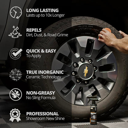 CERAKOTE Rapid Ceramic Tire Coat – Neuwagen-Glanz für Ihre Reifen – Tiefes Schwarz – Hält bis zu 10x länger – Kein Abschleudern, nicht fettende Keramik-Reifenbeschichtung für PKW, LKW & SUV – Einfache Anwendung (295 ml)